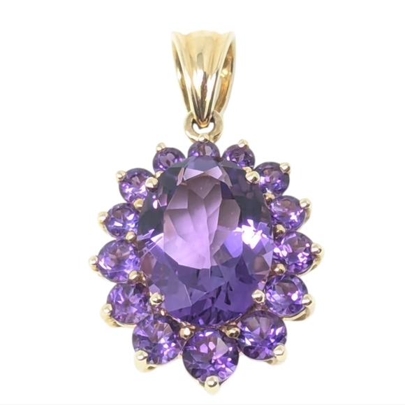 14kt Vintage Solid Yellow Gold Amethyst Oval Round Cluster Pendant - Picture 10 of 11